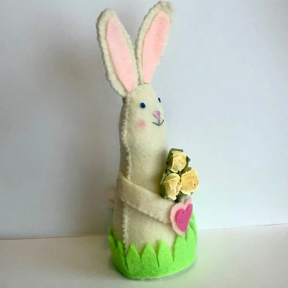 Bunny art doll holding yellow roses hand-sewn handmade heart
